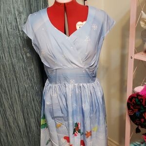Light Blue Holiday Dress with Festive Print